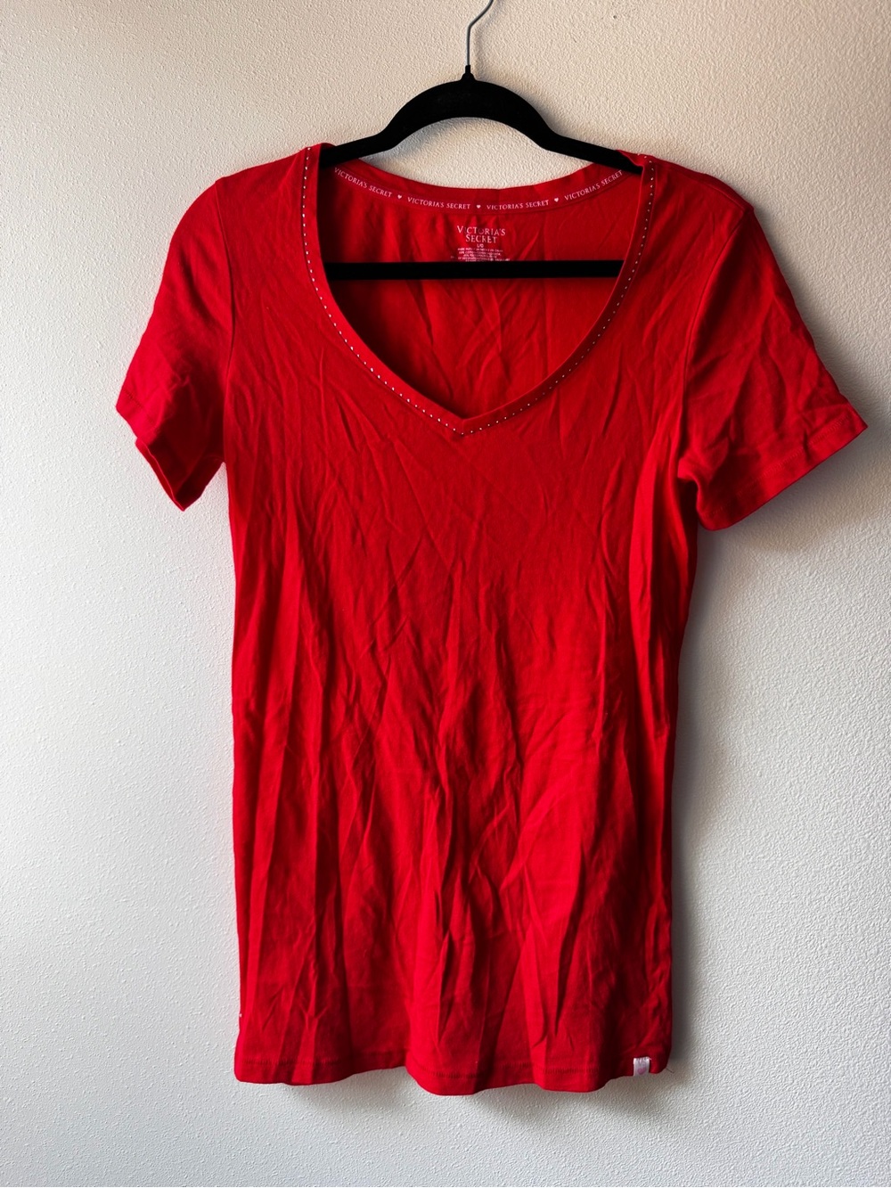 Victoria's Secret Bright Red V-Neck Short Sleeve Tee with Rhinestone Trim